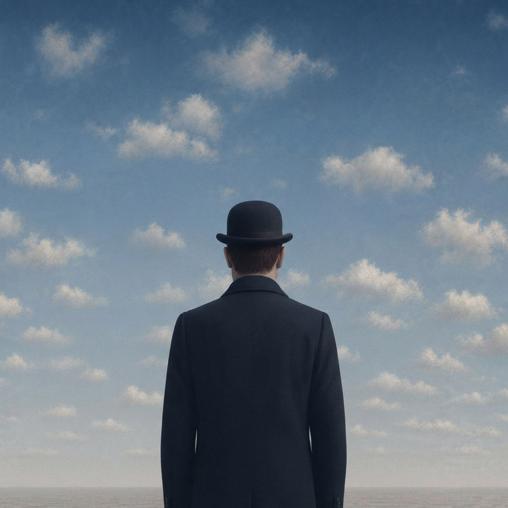 A person in a bowler hat and coat, seen from behind, looking out at a cloud-filled sky