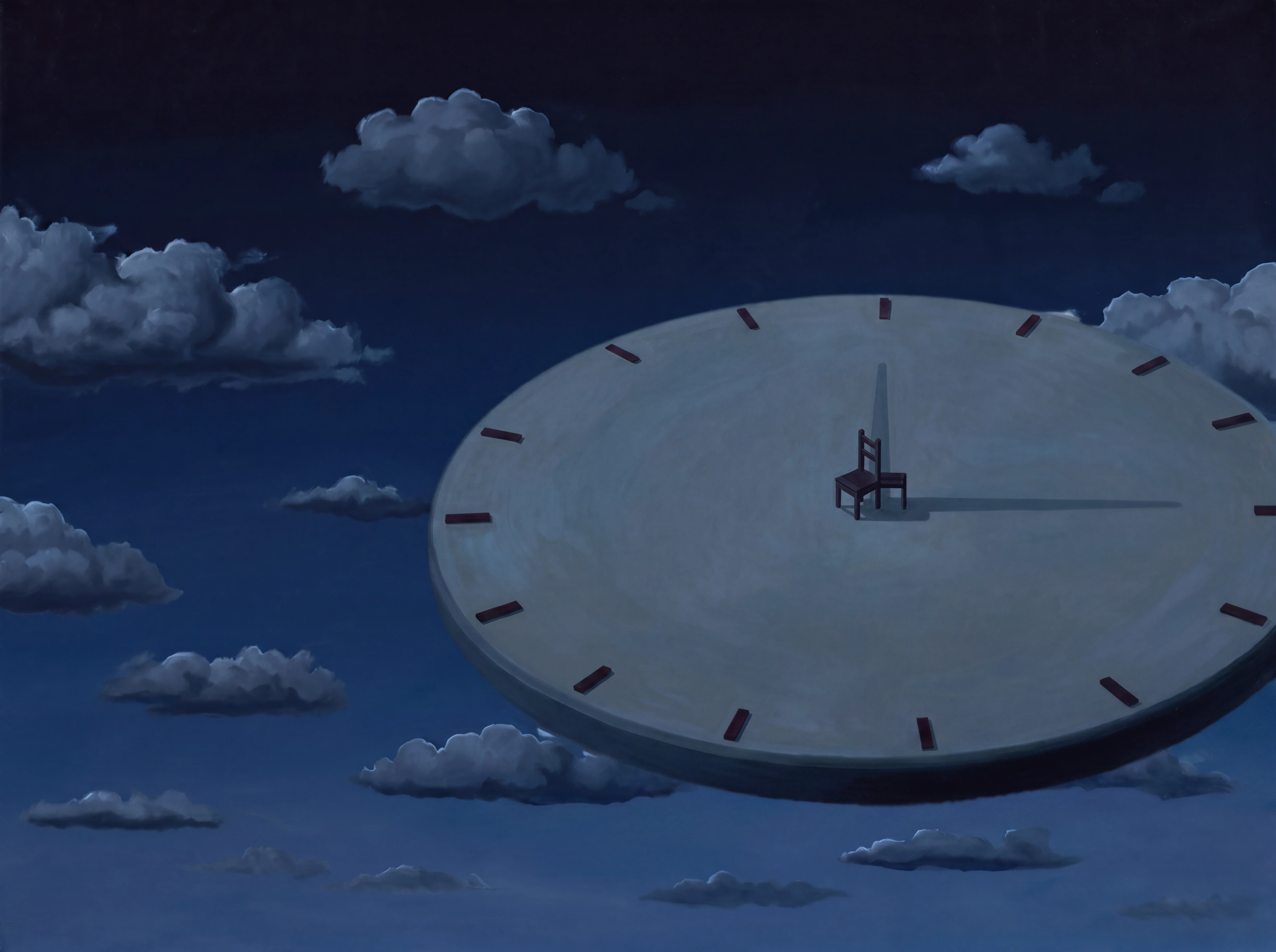 A clock floating above clouds at night